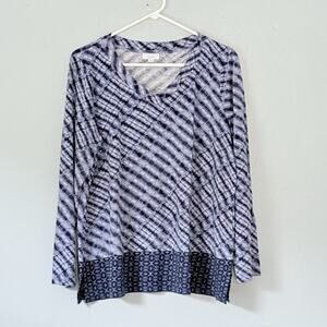 J. Jill Top Large Blue Batik Pure Jill Long Sleeve V Neck Colorful Teacher